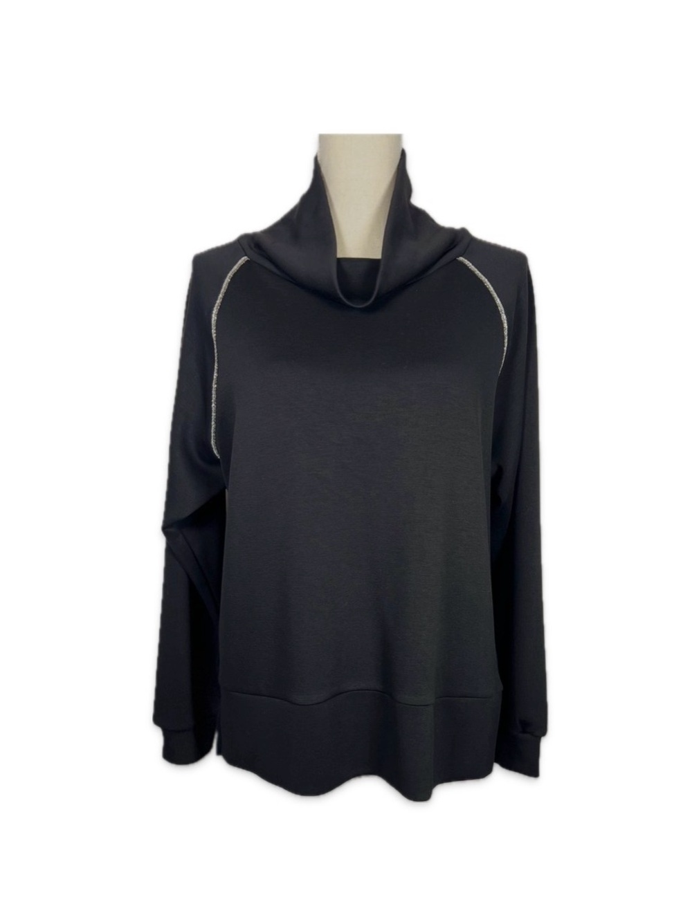 T Tahari Black Cowl Neck Blouse L Silver Trim Soft Stretch Career Casual Top